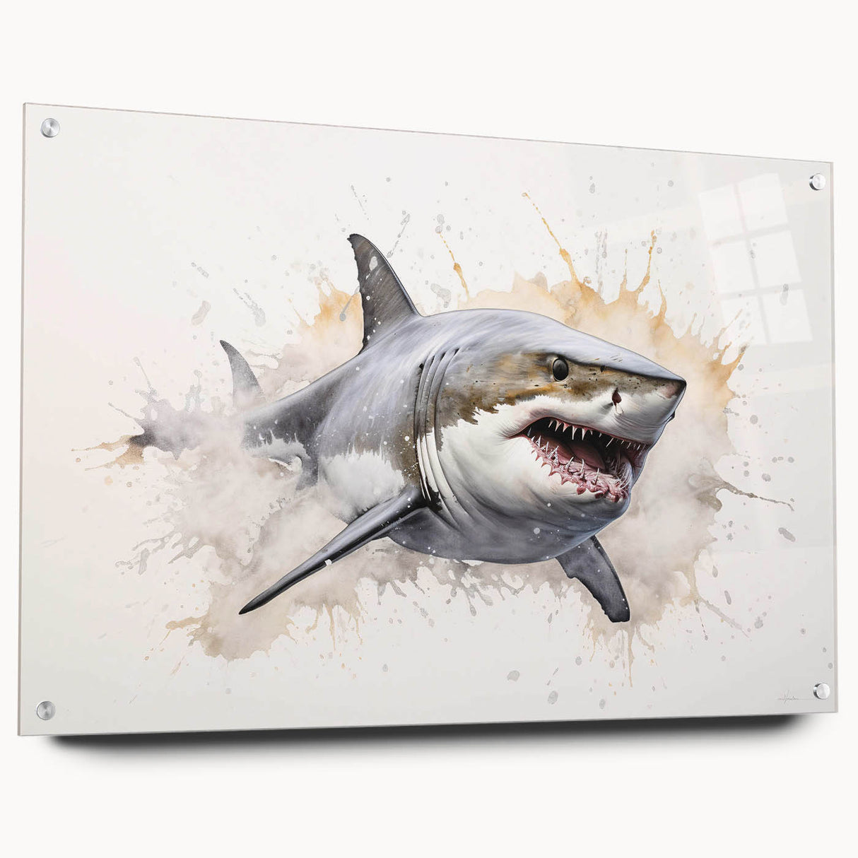 Acrylic wall art showcasing a vibrant marine life shark design, featuring a side view with pins for display. Ideal for ocean-themed decor in homes or offices.