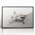 Framed wall art showcasing a detailed marine life shark design, featuring vibrant colors on acrylic, with a sleek black frame, ideal for aquatic-themed decor.