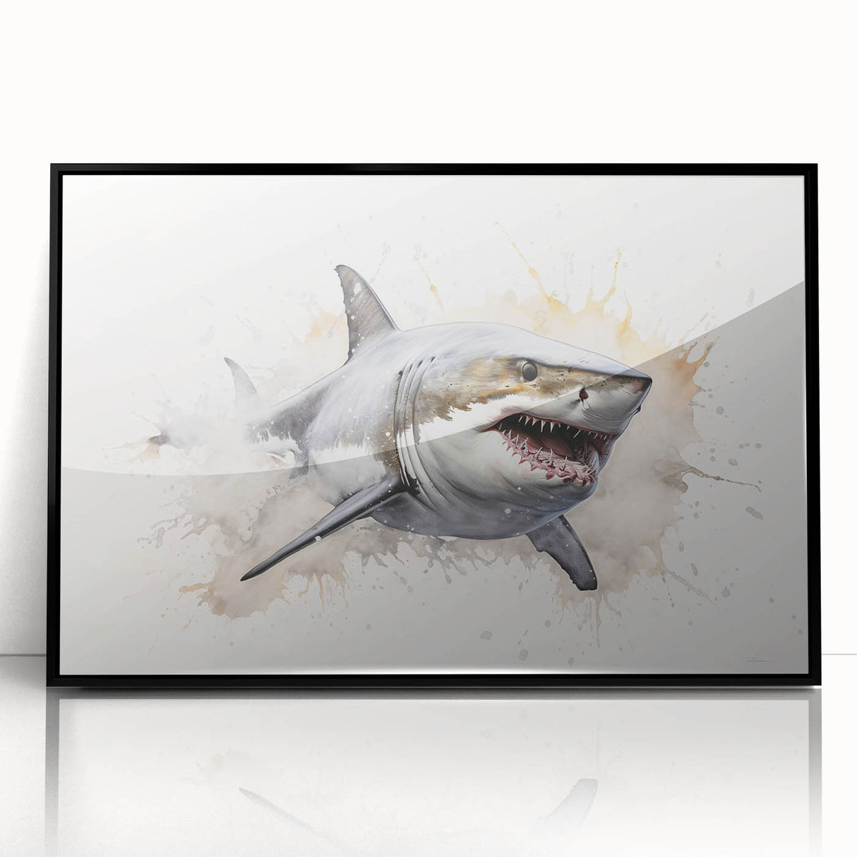 Framed wall art showcasing a detailed marine life shark design, featuring vibrant colors on acrylic, with a sleek black frame, ideal for aquatic-themed decor.