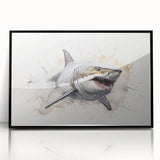 Framed wall art showcasing a detailed marine life shark design, featuring vibrant colors on acrylic, with a sleek black frame, ideal for aquatic-themed decor.