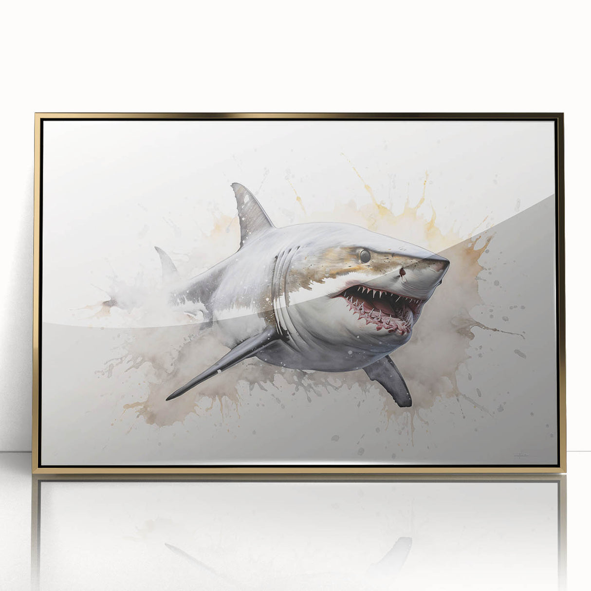 Framed wall art showcasing a striking shark design in vibrant colors, featuring a gold-accented acrylic front. Perfect for marine life enthusiasts and home decor.