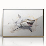 Framed wall art showcasing a striking shark design in vibrant colors, featuring a gold-accented acrylic front. Perfect for marine life enthusiasts and home decor.