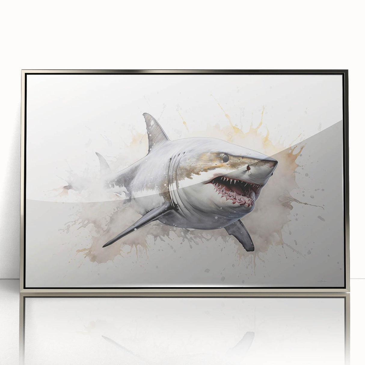 Framed acrylic wall art showcasing a striking shark design in vibrant colors, set against a sleek silver frame, perfect for marine-themed decor.