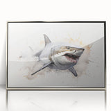 Framed acrylic wall art showcasing a striking shark design in vibrant colors, set against a sleek silver frame, perfect for marine-themed decor.