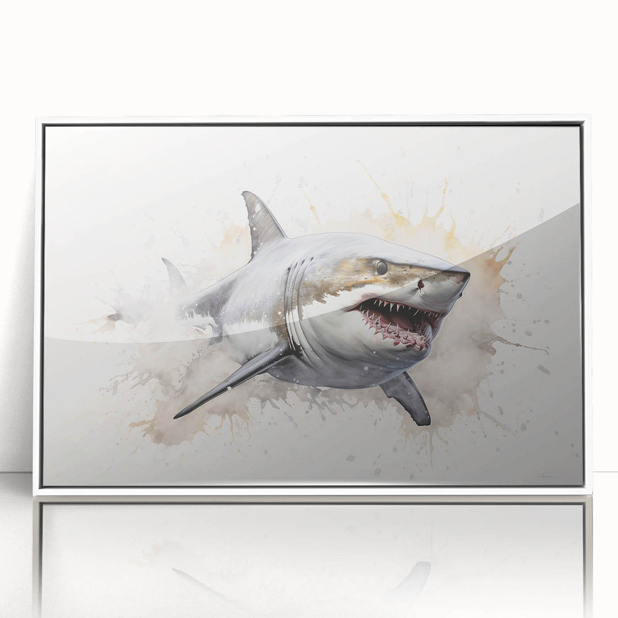 Framed wall art featuring a striking marine life design with a shark motif, encased in a sleek white frame, perfect for ocean-themed decor.