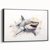 Framed wall art showcasing a detailed marine life design featuring a shark, presented in a sleek black frame, ideal for ocean-themed decor and nature lovers.