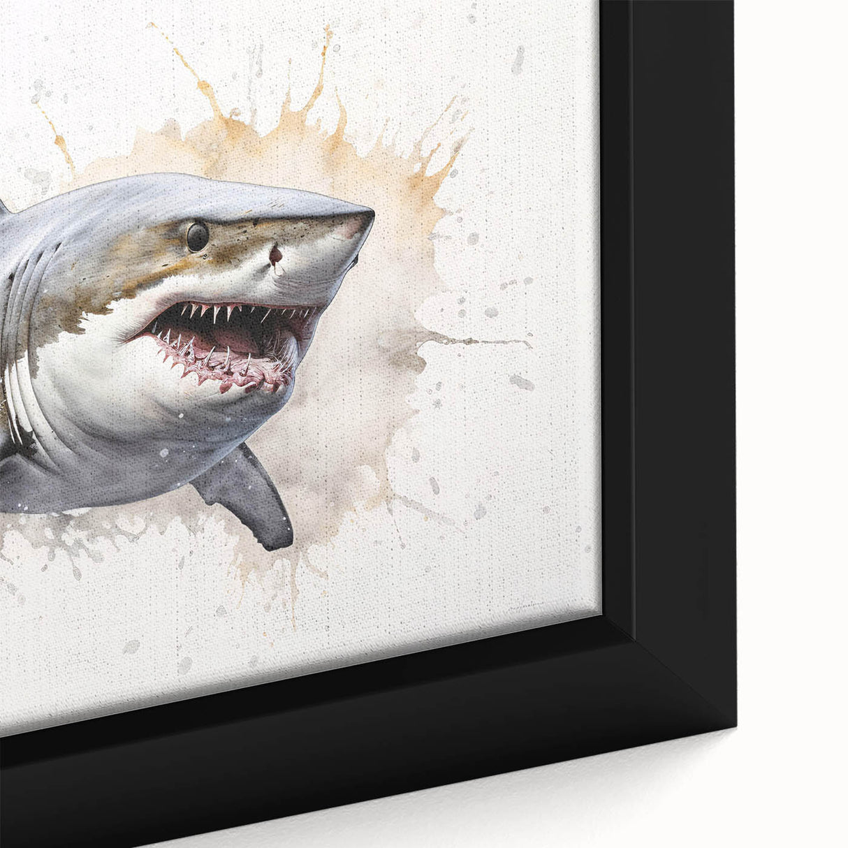 Close-up view of a framed canvas wall art piece showcasing a vibrant marine life shark design, featuring intricate details and bold colors, ideal for ocean-themed decor.
