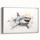 Framed canvas wall art showcasing a sleek silver shark design, emphasizing marine life with intricate details and vibrant colors, perfect for ocean-themed decor.