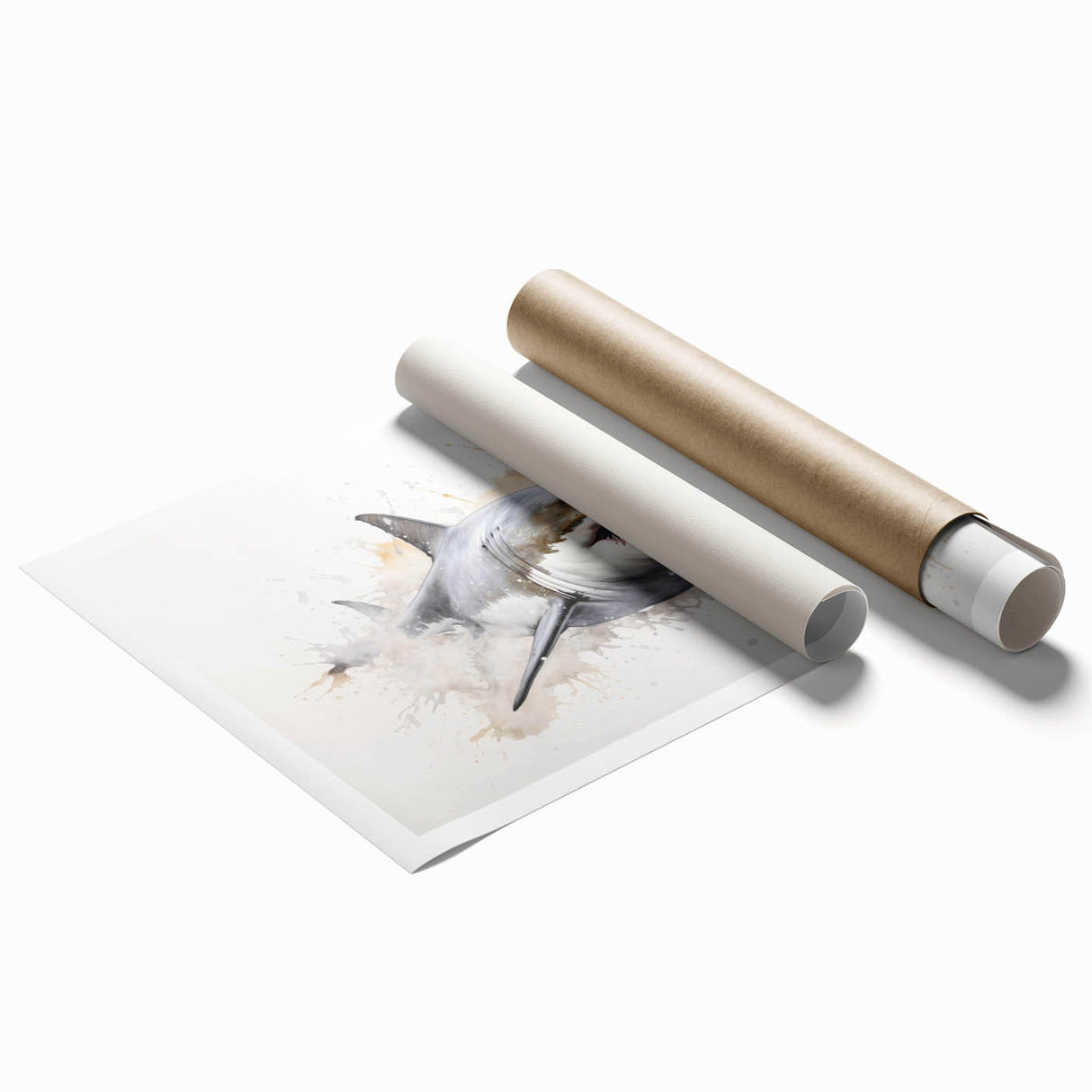 Vibrant rolled print of a marine life shark design showcasing intricate details and bold colors, ideal for ocean-themed decor, packaged securely for delivery.