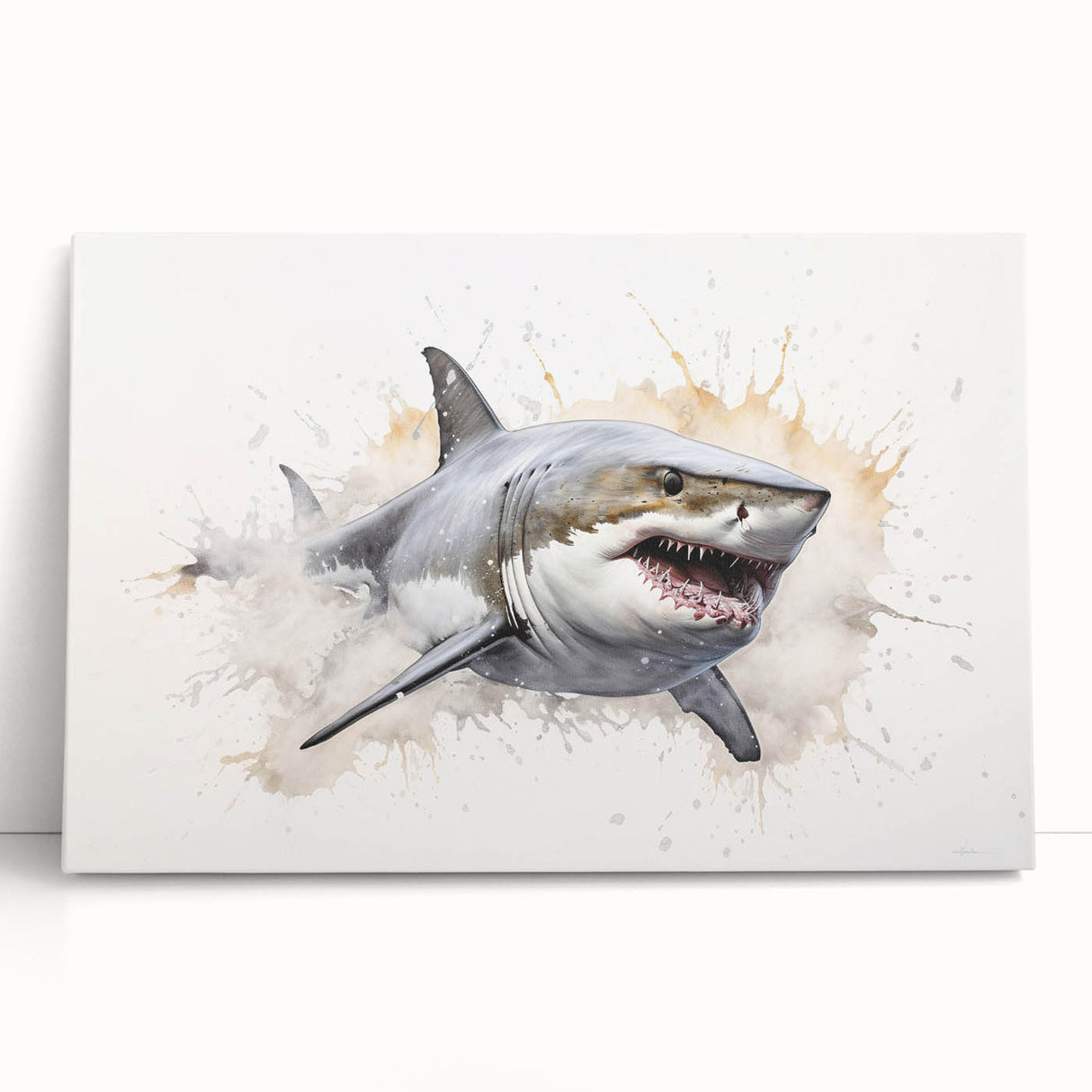 Vibrant marine life wall art featuring a striking shark design on stretched canvas, leaning against a textured wall, perfect for ocean-themed decor.