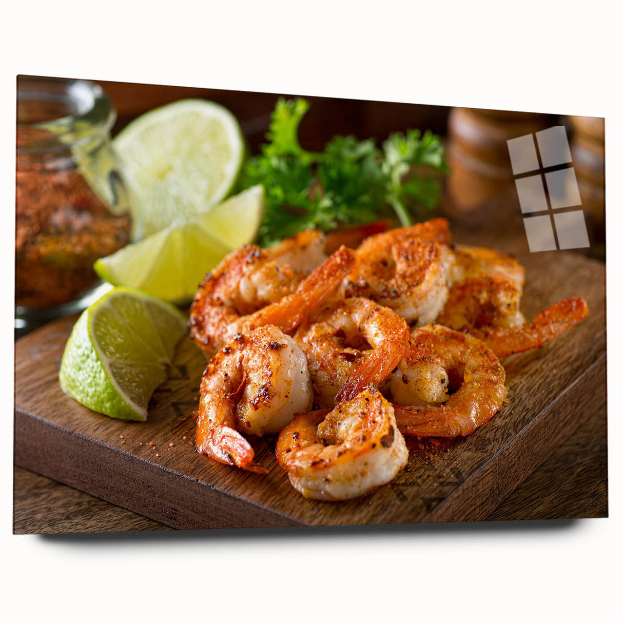 Acrylic wall art featuring a vibrant marine life shrimp design, showcasing detailed colors and textures, displayed in a side view with no pins visible.