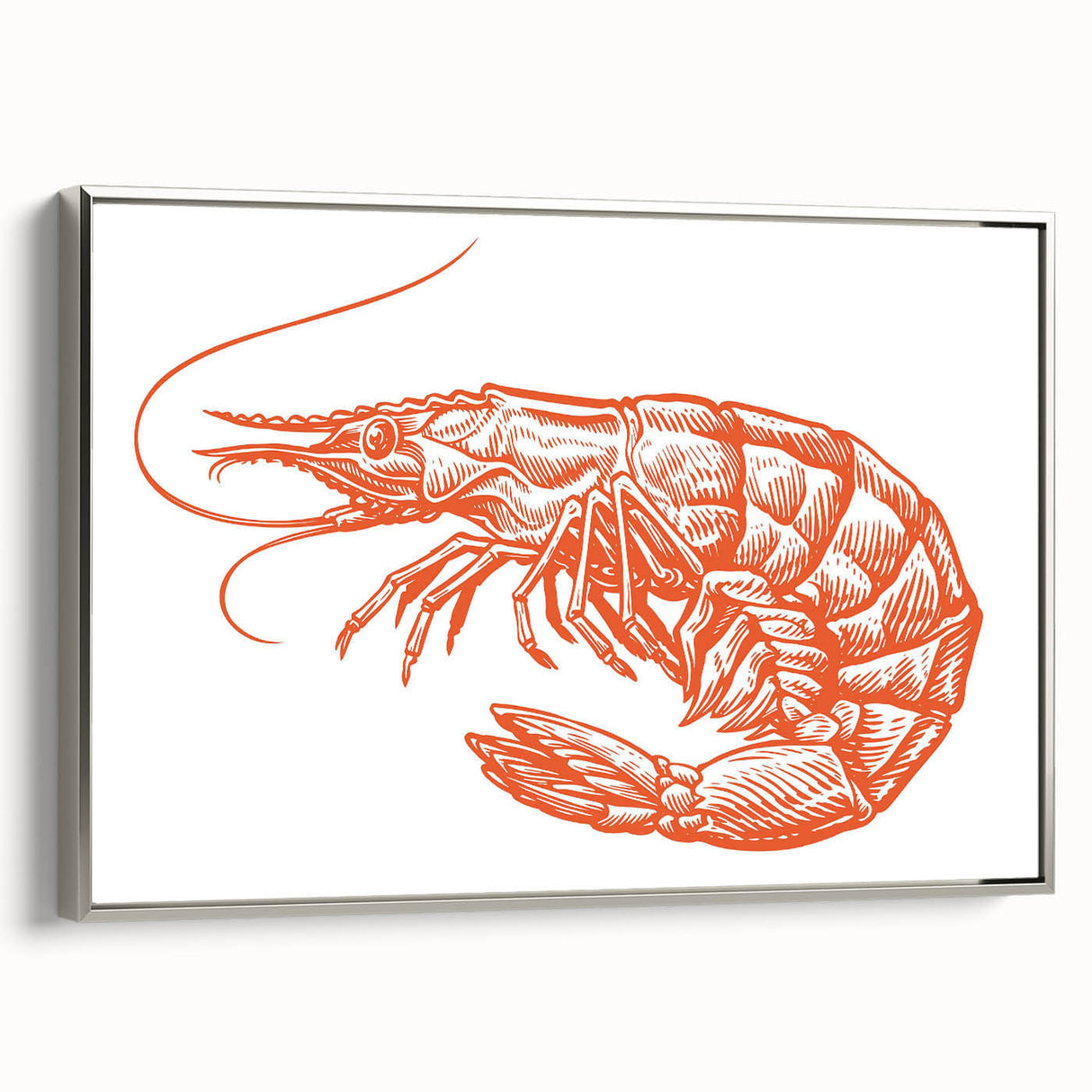 Framed wall art showcasing a vibrant marine life design featuring shrimp, elegantly displayed with a silver frame, ideal for coastal-themed decor.