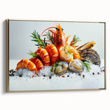 Framed canvas art featuring a vibrant marine life shrimp design, set against a gold background. Ideal for ocean-themed decor, showcasing intricate details and colors.