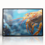 Framed wall art featuring a vibrant marine life shrimp design in acrylic, showcasing intricate details and vivid colors against a sleek black frame, perfect for ocean-themed decor.