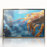 Framed wall art featuring a vibrant marine life shrimp design, showcasing intricate details and gold accents, perfect for ocean-themed decor in homes or offices.