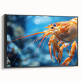 Framed wall art collection showcasing a vibrant marine life shrimp design on canvas, featuring a sleek black frame, ideal for ocean-themed decor.
