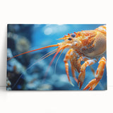 Vibrant marine life wall art featuring a colorful shrimp design on stretched canvas, elegantly leaning against a light-colored wall, perfect for ocean-themed decor.