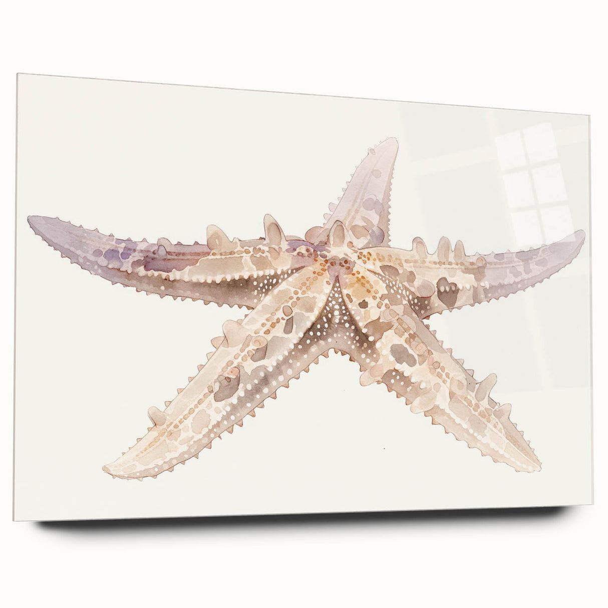 Acrylic wall art showcasing a vibrant starfish design in a marine life theme, displayed from the side. The piece features bright colors and intricate details, perfect for ocean-themed decor.