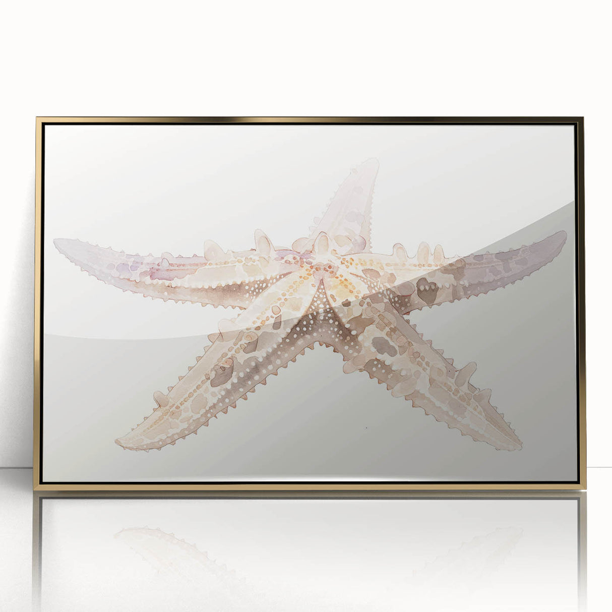 Framed wall art featuring a vibrant marine life design, showcasing a detailed starfish on a gold-accented acrylic background, ideal for coastal decor. Perfect for enhancing ocean-themed interiors.