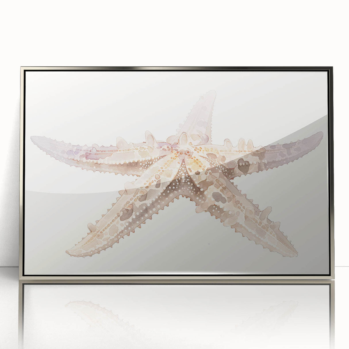 Framed acrylic wall art featuring a vibrant marine life starfish design in silver, showcasing intricate details and colors, perfect for coastal-themed decor.