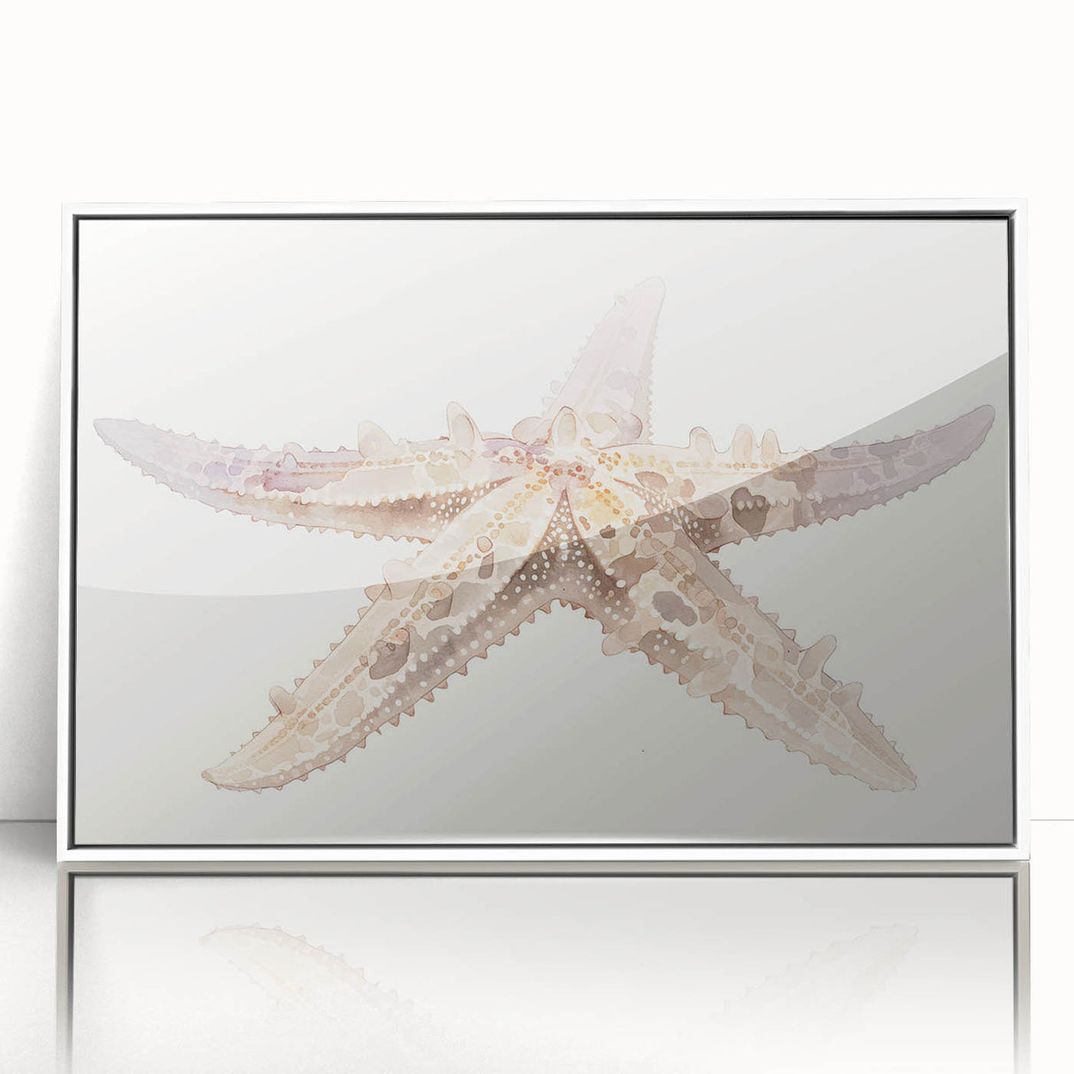 Framed wall art featuring a vibrant starfish design in marine life theme, set against a white background, ideal for coastal decor enthusiasts.