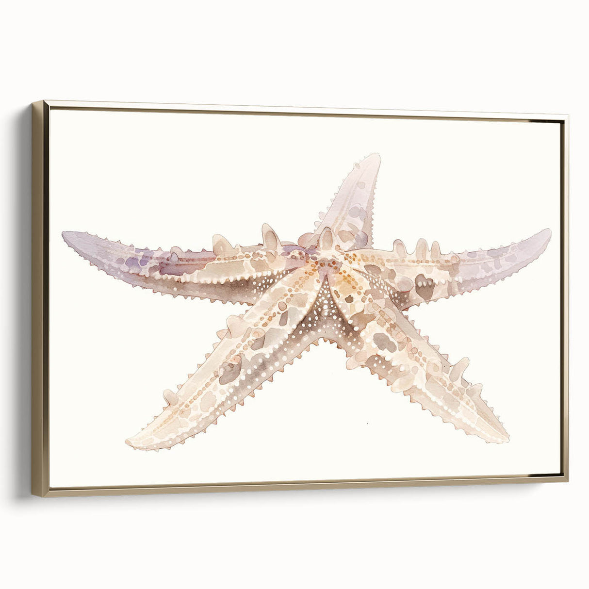 Framed canvas wall art showcasing a starfish design with vibrant colors, gold accents, and a modern aesthetic, perfect for marine-themed home decor.