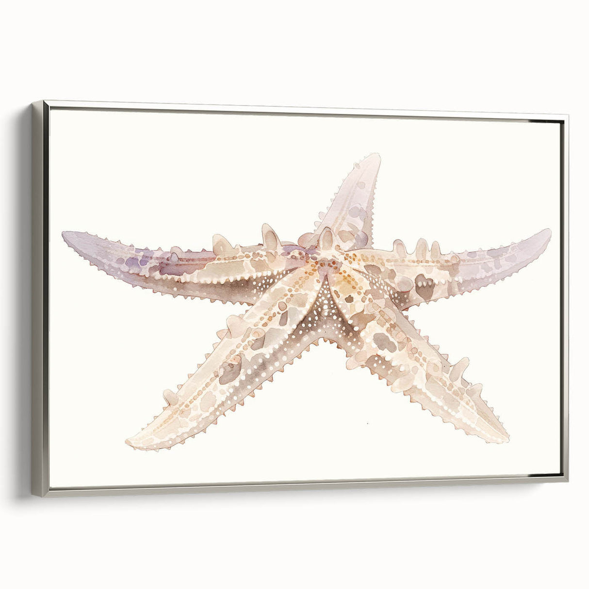 Framed canvas wall art showcasing a starfish design with intricate marine life details, displayed in a sleek silver frame, ideal for ocean-themed decor.