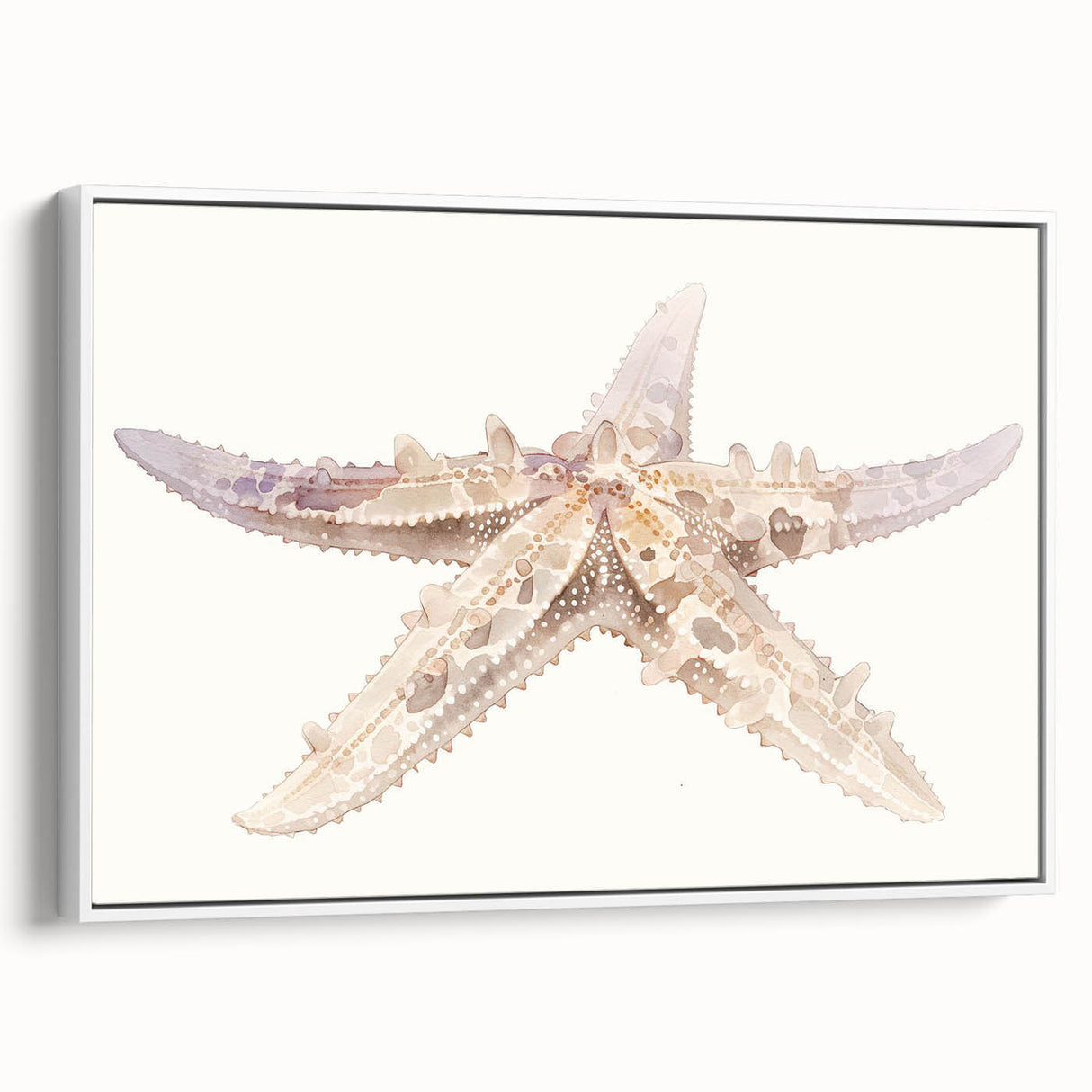 Framed canvas wall art showcasing a vibrant starfish design in marine life theme, with a white frame, perfect for coastal decor and beach-inspired interiors.