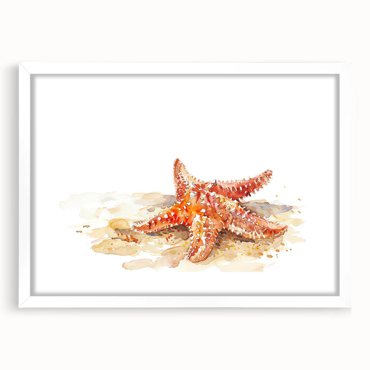 Framed wall art featuring a vibrant starfish design in marine colors, set against a white mat, perfect for coastal-themed home decor or beach-inspired interiors.