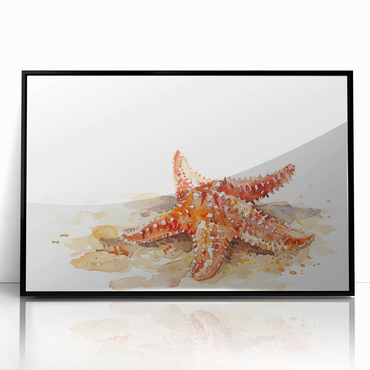 Framed acrylic wall art showcasing a vibrant starfish design in shades of blue and orange, ideal for marine life enthusiasts looking to enhance coastal decor.