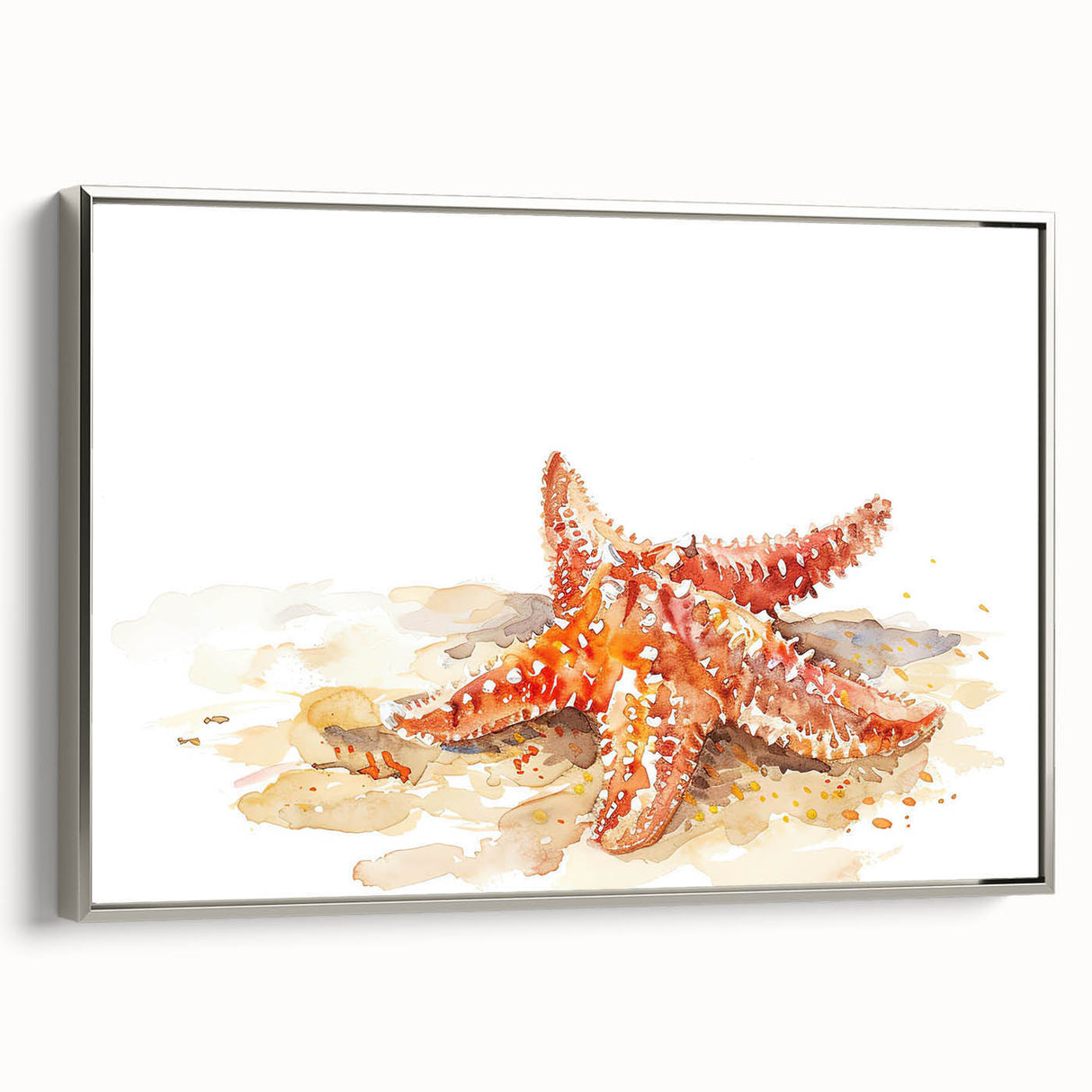 Framed canvas wall art featuring a vibrant starfish design set against a silver background, showcasing marine life in a modern coastal decor style. Ideal for ocean-themed interiors.