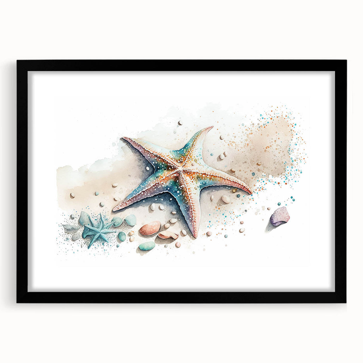 Framed wall art featuring a marine life design with a starfish, set in a sleek black frame and mat, perfect for coastal or ocean-themed decor.