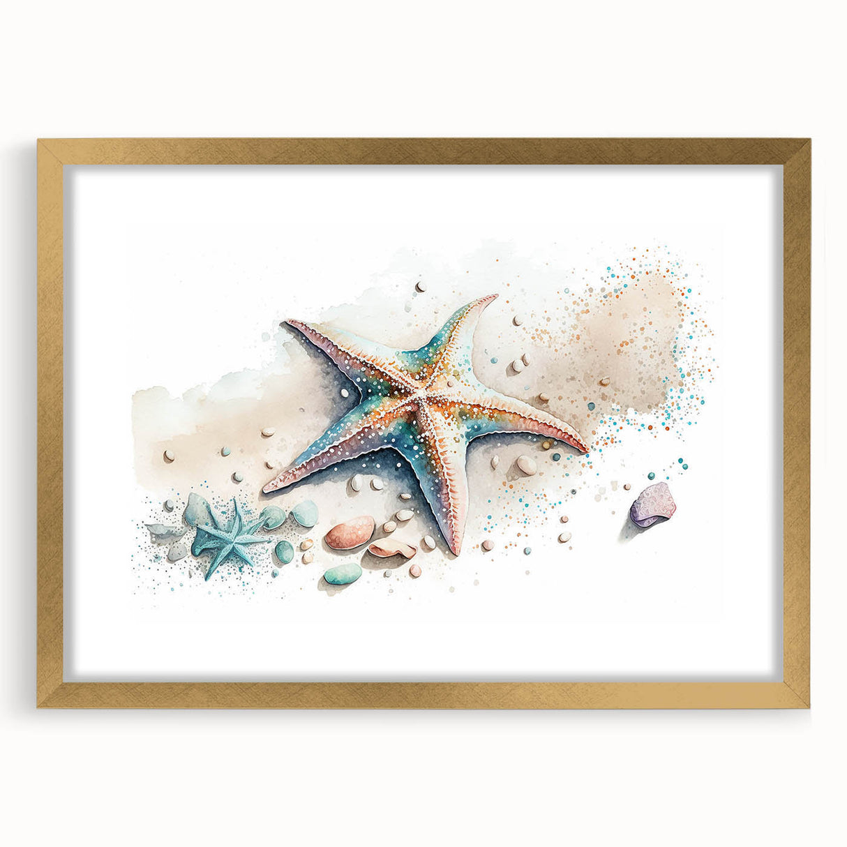 Elegant starfish-themed wall art framed in gold, showcasing intricate marine life design with a mat, perfect for ocean-inspired home decor.