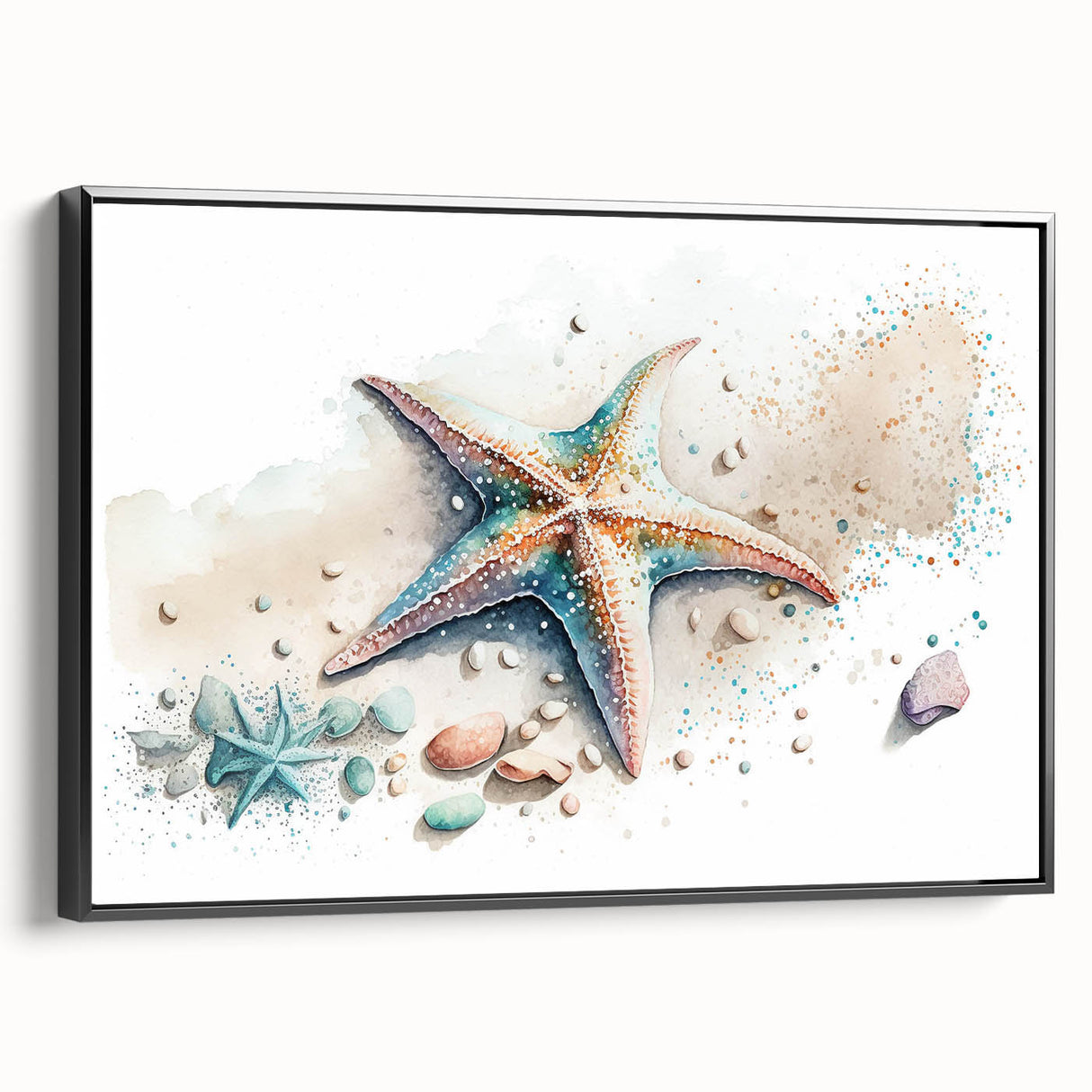 Framed canvas wall art showcasing a vibrant starfish design in marine life theme, with a sleek black frame, displayed from a side view to highlight its depth and textures. Ideal for ocean-inspired home decor.