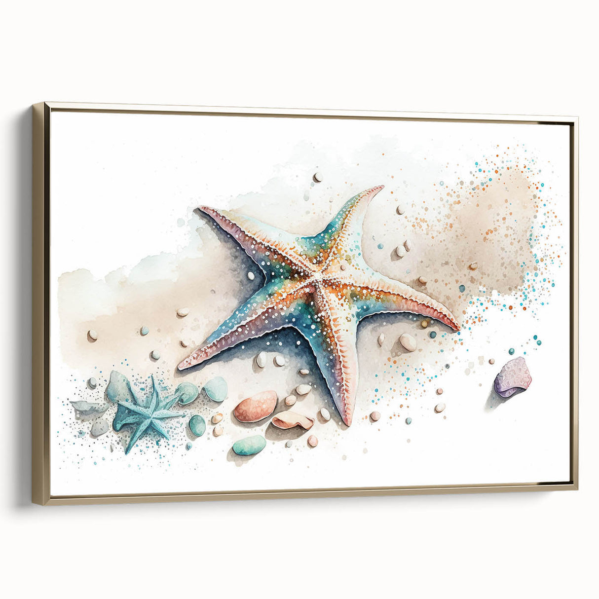 Framed canvas wall art showcasing a vibrant marine life starfish design with gold accents, ideal for coastal decor, adding a touch of elegance to any room.