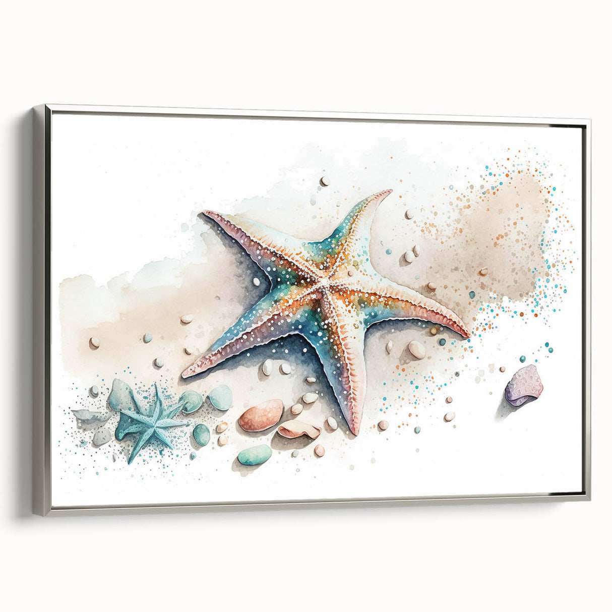 Framed canvas wall art showcasing a vibrant starfish design in marine life theme, featuring a sleek silver frame, perfect for coastal decor enthusiasts.