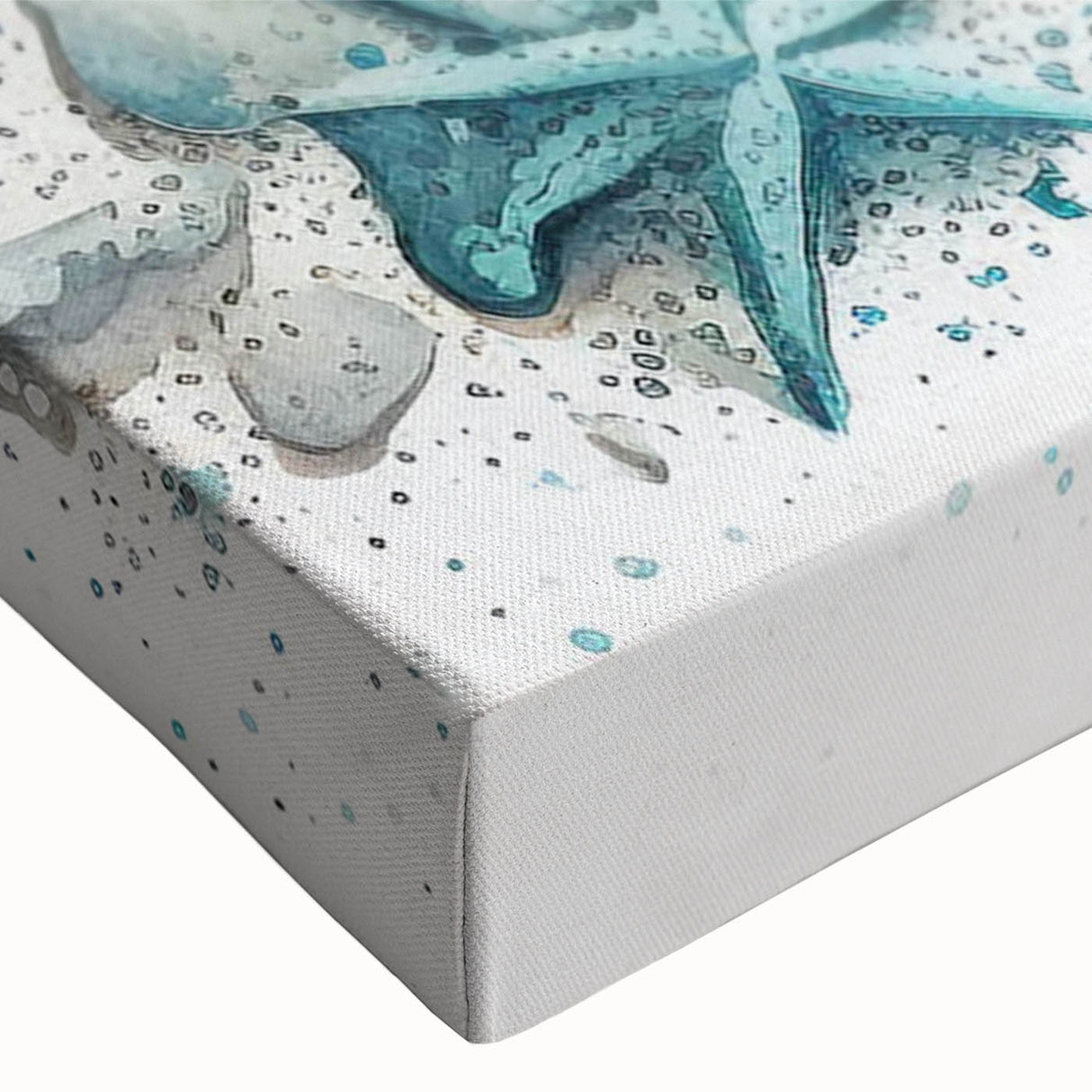 Close-up view of a vibrant starfish wall art design printed on stretched canvas, showcasing intricate details and rich colors, perfect for marine-themed decor.