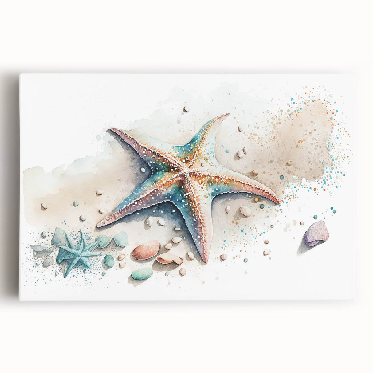 Colorful marine life wall art featuring a vibrant starfish design on stretched canvas, perfect for ocean-themed decor. Ideal for enhancing coastal interior spaces.