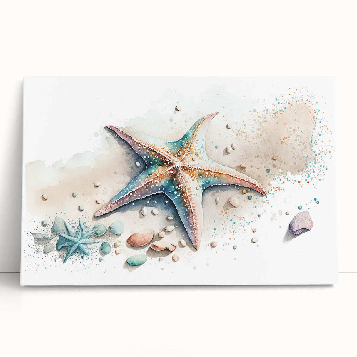 Colorful marine life wall art featuring a vibrant starfish design on stretched canvas, leaning against a neutral wall, perfect for coastal decor enthusiasts.