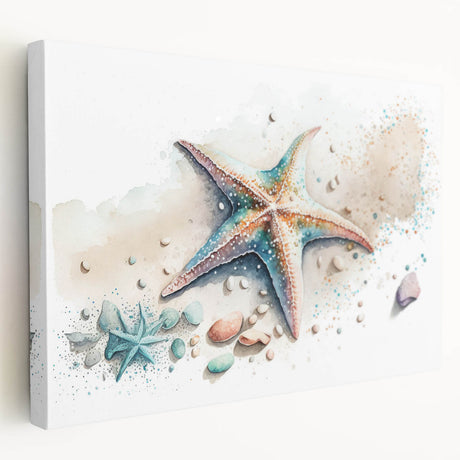 Stretched canvas wall art featuring a vibrant starfish design in marine colors, showcasing intricate details and textures, perfect for coastal decor.