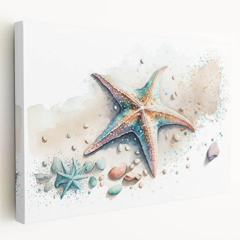 Stretched canvas wall art featuring a vibrant starfish design in marine colors, showcasing intricate details and textures, perfect for coastal decor.