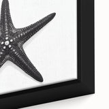 Close-up of a framed canvas wall art piece showcasing a vibrant starfish design in shades of blue and orange, perfect for marine life enthusiasts and coastal decor. Ideal for adding a nautical touch to any room.