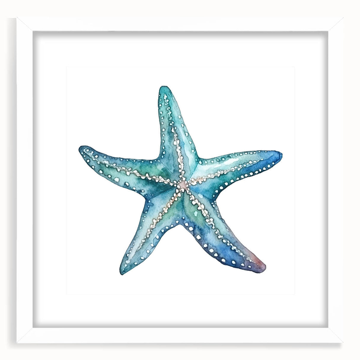Framed wall art showcasing a vibrant marine life starfish design, featuring a white mat and sleek frame, perfect for ocean-themed decor. Ideal for enhancing coastal interiors.