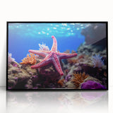 Framed acrylic wall art showcasing a vibrant starfish design in black frame, perfect for marine life enthusiasts and coastal decor lovers. Ideal for enhancing home or office spaces with ocean-inspired aesthetics.