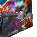 Close-up of a vibrant marine life-themed starfish design on acrylic glass wall art, showcasing intricate details and bright colors, perfect for ocean-inspired decor.