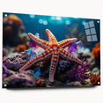 Elegant acrylic wall art showcasing a vibrant marine life design featuring a starfish, displayed in a contemporary setting with decorative pins, perfect for coastal decor enthusiasts.