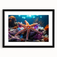 Decorative wall art featuring a marine life starfish design, framed in black with a mat, perfect for coastal-themed home décor, showcasing vibrant colors and intricate details.