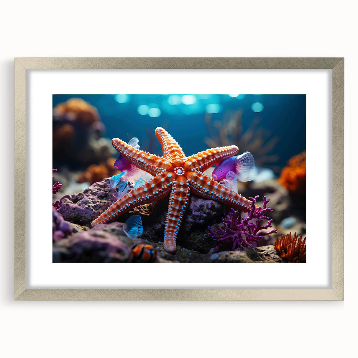 Elegant starfish wall art design in a silver frame with a mat, showcasing vibrant marine life colors against a neutral backdrop, perfect for coastal decor.