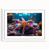 Starfish wall art design featuring vibrant marine life colors, framed with a white mat, ideal for coastal-themed decor and ocean enthusiasts. Perfect for enhancing living spaces with a touch of nature.