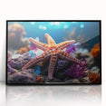 Framed wall art showcasing a vibrant starfish design in marine life theme, featuring a sleek black frame, perfect for ocean-inspired decor in contemporary spaces.